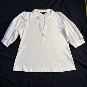 Veronica Beard Coralee Puff Sleeve Top White, V Neck, Ribbed Prima Cotton Sz XL
